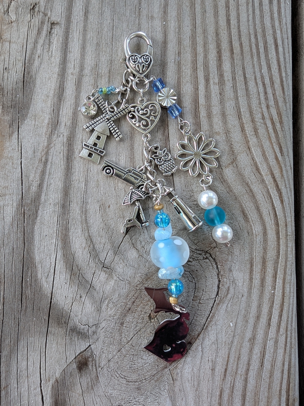 Handmade Blue & Silver Michigan Charm Keychain with Glass Beads